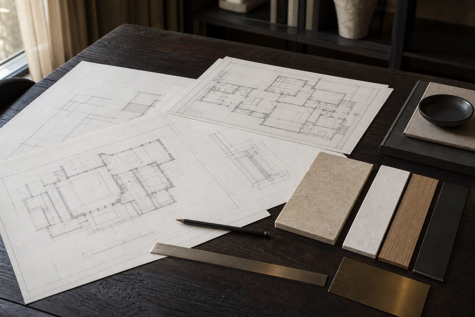 Architectural drawings and coordinated finish samples used to evaluate renovation decisions