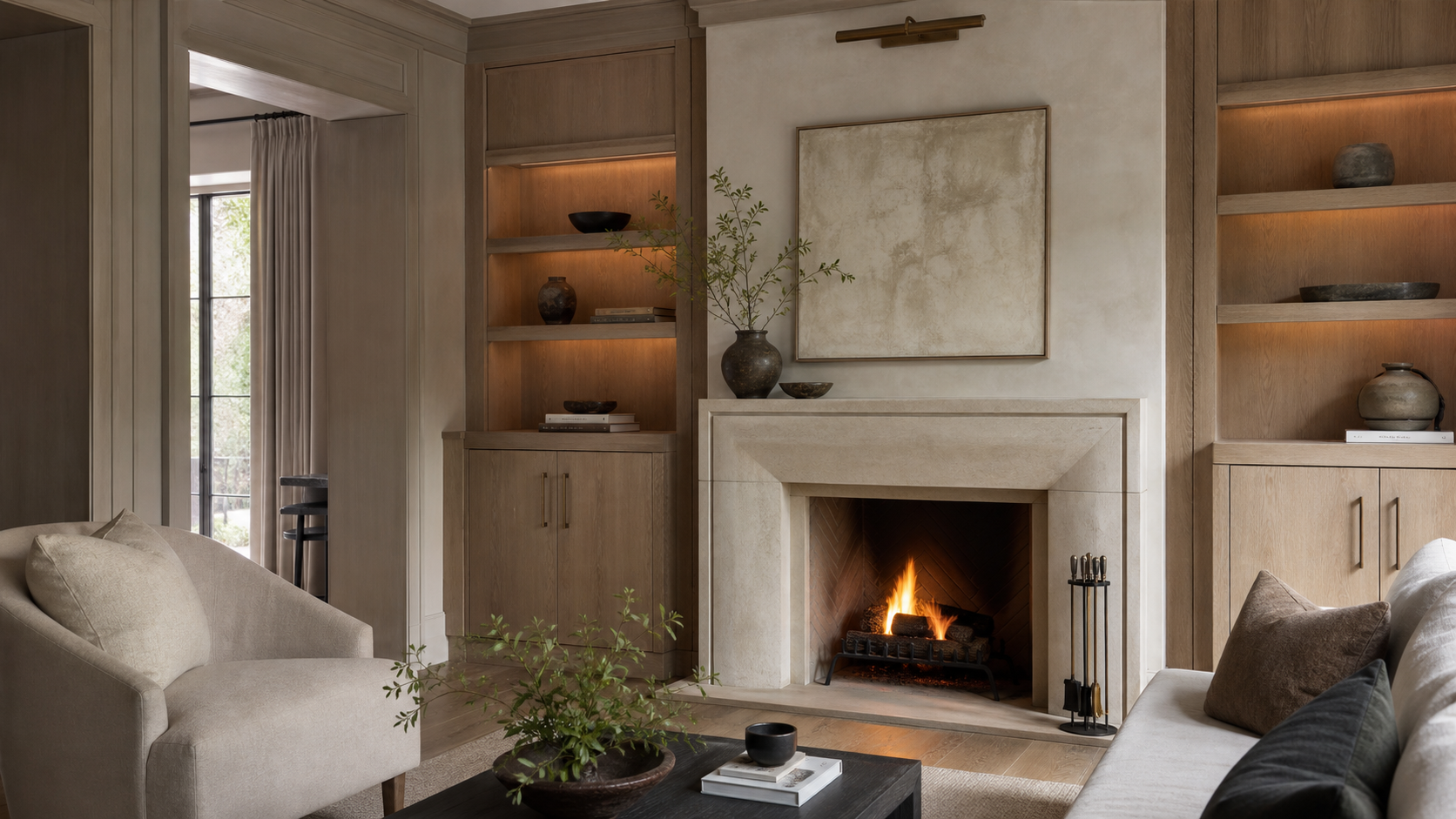 Custom fireplace and integrated millwork illustrating a resolved architectural interior