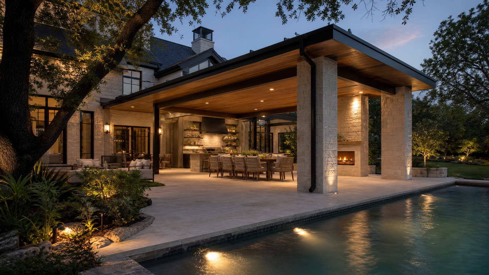 Editorial view of an outdoor living space with architectural lines
