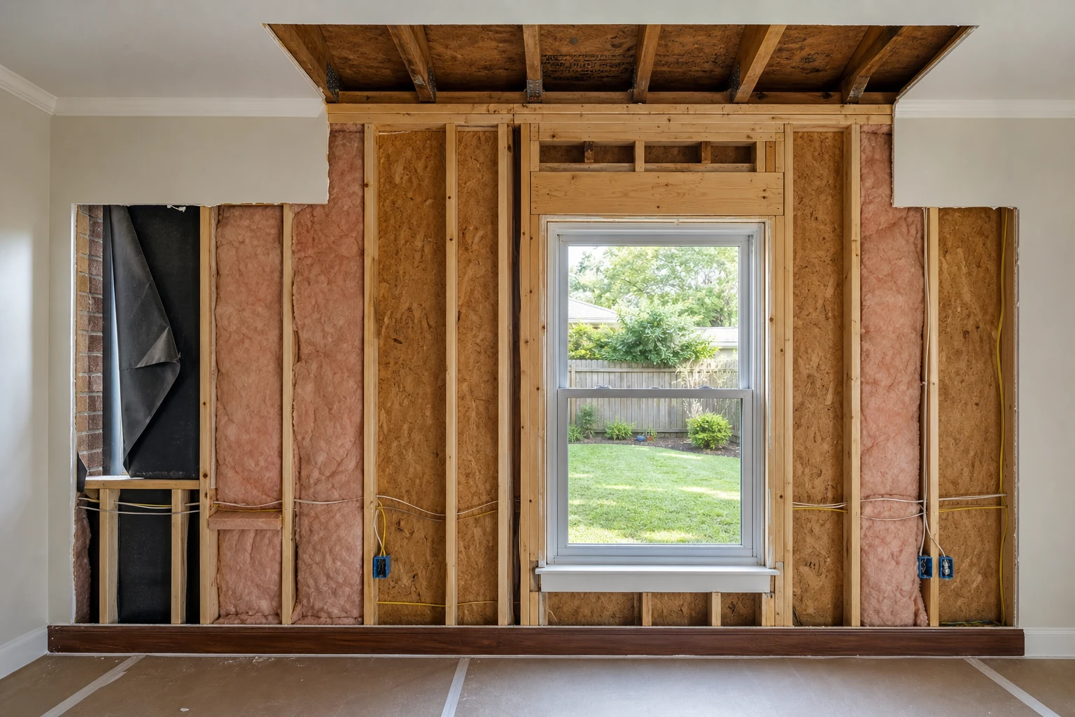Tight interior view of an exterior wall opened around an existing window, exposing studs, insulation, sheathing, weather barrier, brick veneer, utilities, and roof framing