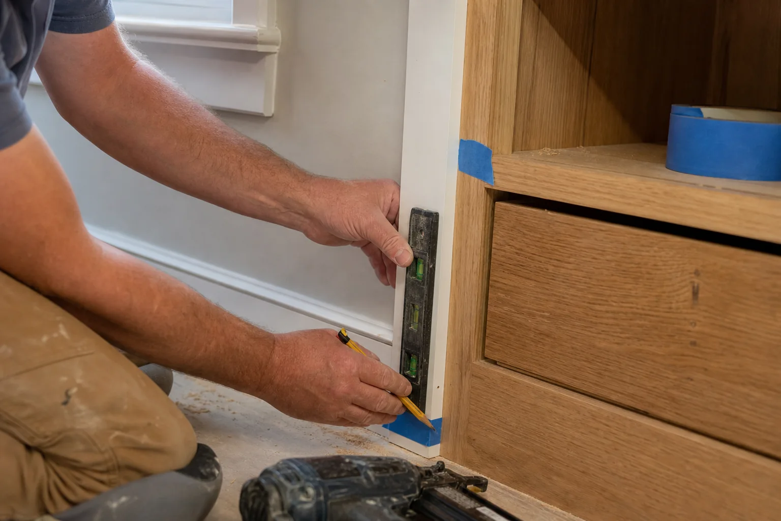 Carpenter checking painted trim beside an oak built-in during a residential remodel