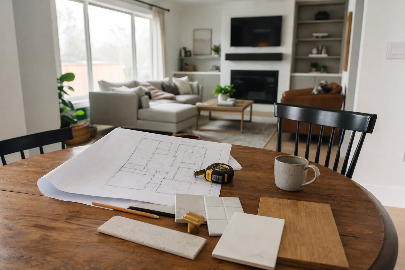 Architectural plans and practical finish samples arranged on a dining table for early remodel planning