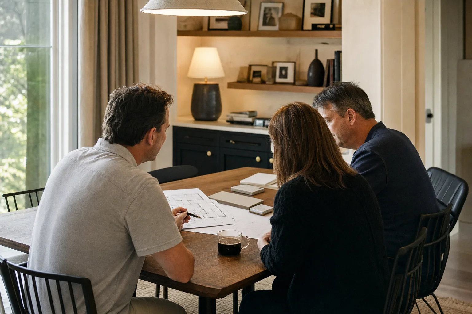Homeowners and their construction advisor reviewing remodel plans together at a dining table