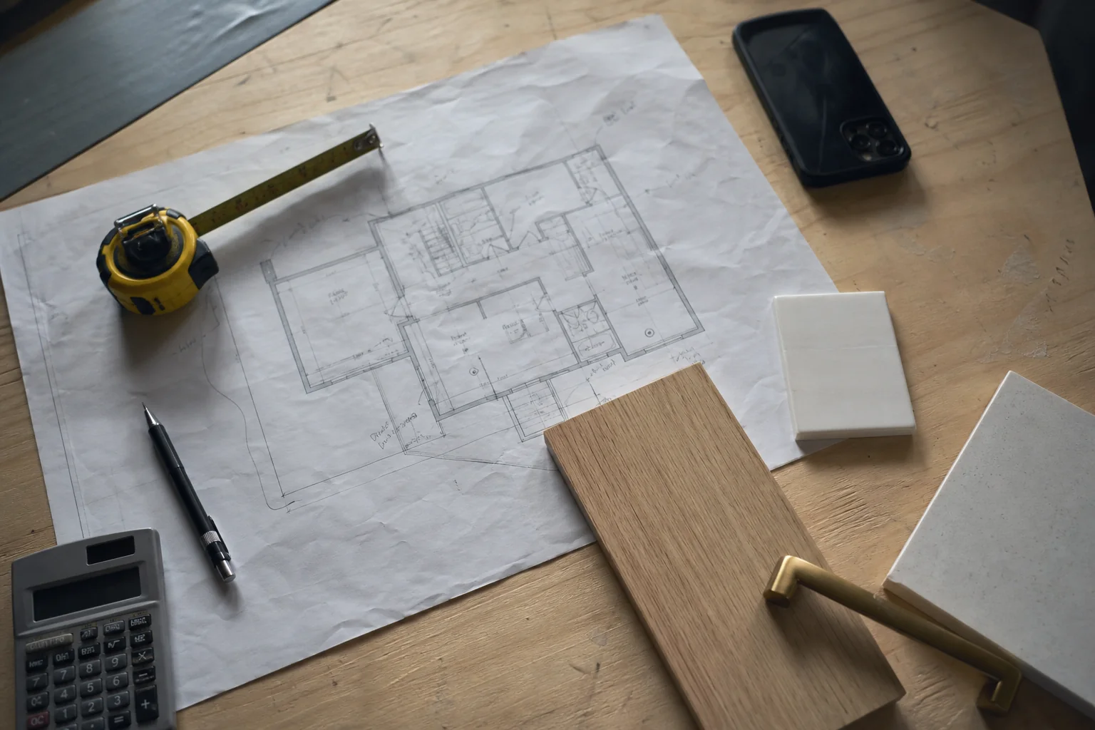 Wrinkled floor plan, calculator, tape measure, and practical material samples used to develop a residential remodel scope