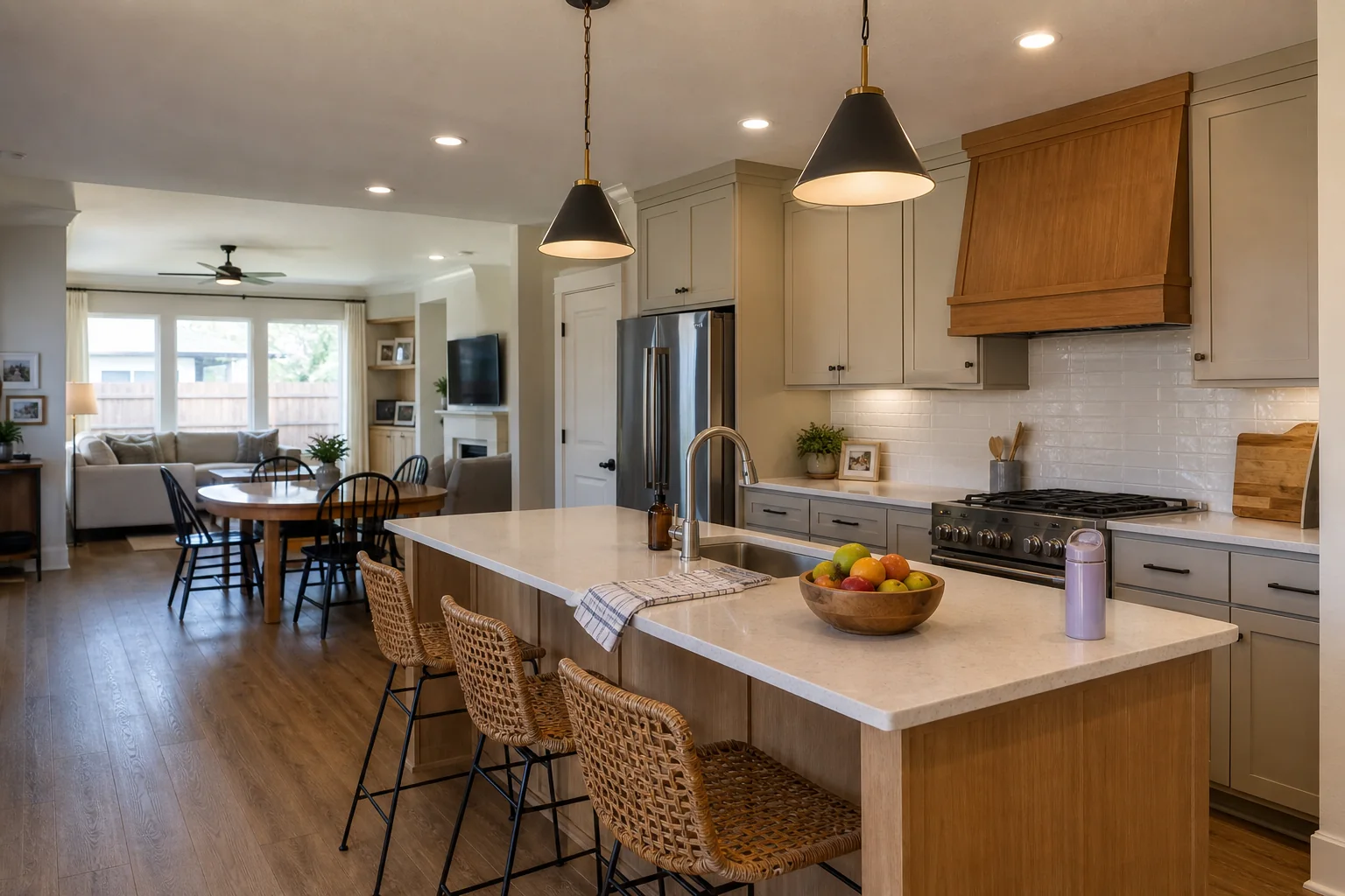 Approachable open kitchen remodel with warm oak accents, everyday details, and practical family space