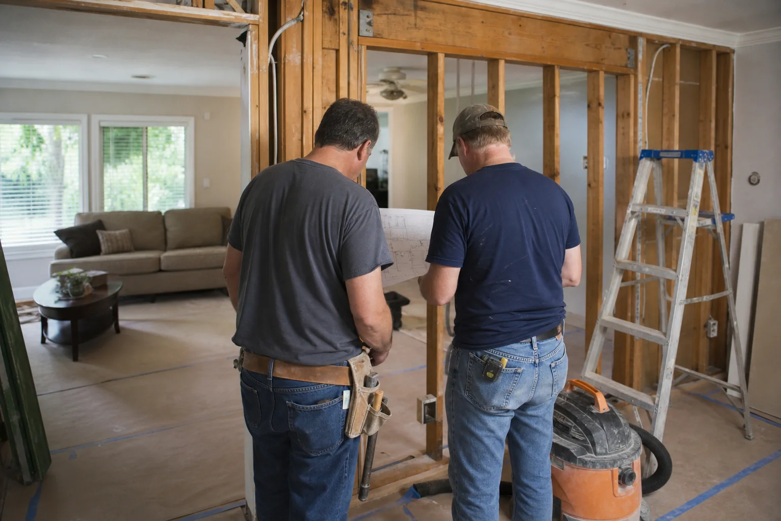 Builder and architect reviewing plans beside exposed framing during a structural feasibility walkthrough