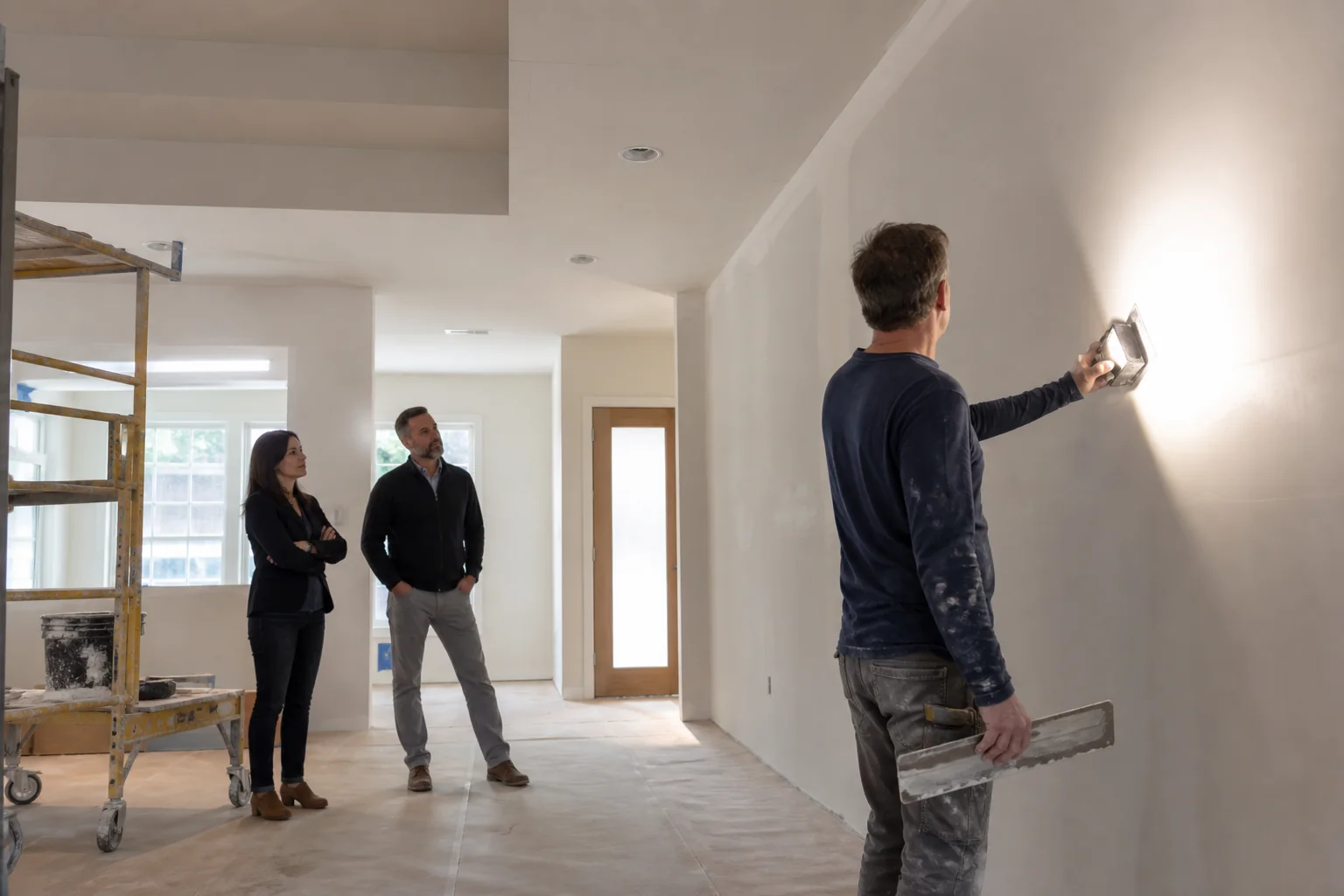 Drywall finisher, designer, and construction manager inspecting a wall under raking light for a smooth Level 5 finish